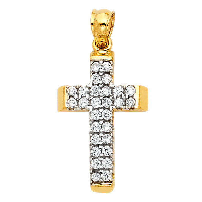 14k Yellow Gold Religious CZ Cross Charm Pendant  (19mm x 13mm)