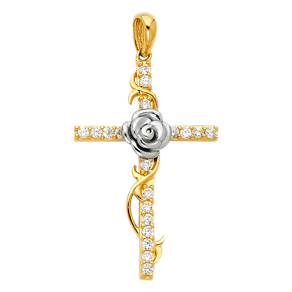 14K Two-tone Gold Religious CZ Cross with Rose Charm Pendant  (28mm x 19mm)
