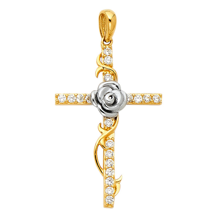 14K Two-tone Gold Religious CZ Cross with Rose Charm Pendant  (28mm x 19mm)