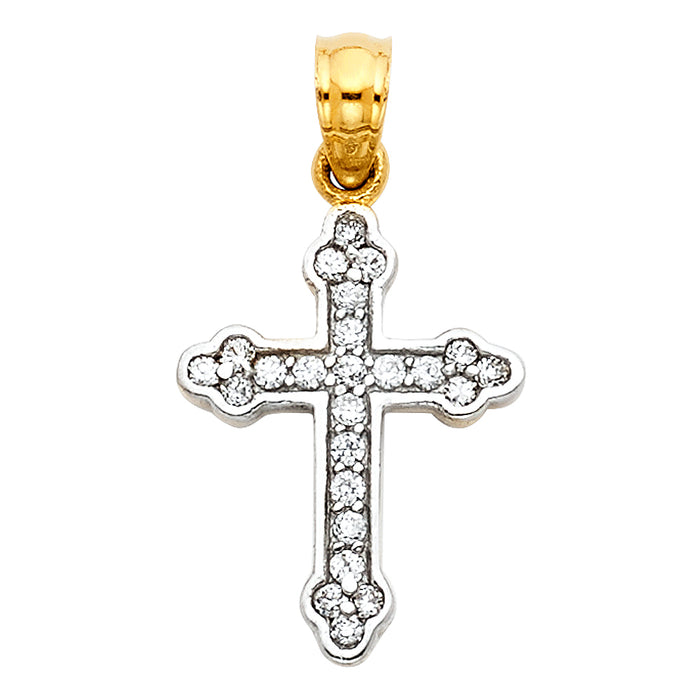 14k White Gold Small/Mini Religious CZ Cross Charm Pendant  (16mm x 13mm)