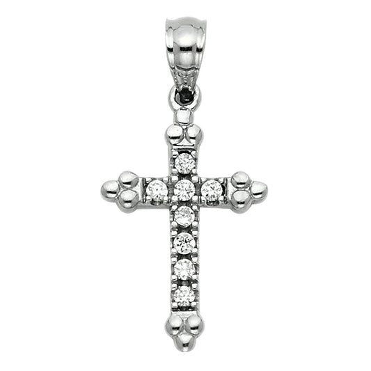 14k White Gold Small/Mini Religious CZ Cross Charm Pendant  (16mm x 11mm)