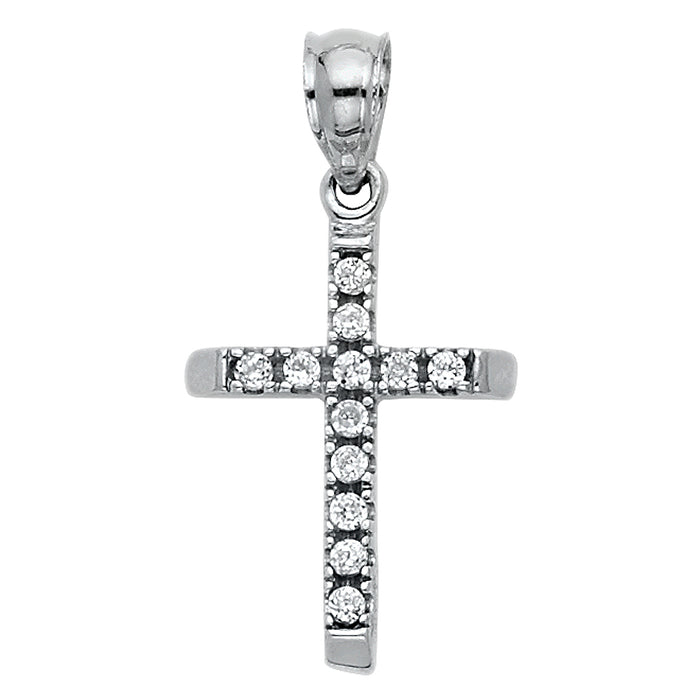 14k White Gold Small/Mini Religious CZ Cross Charm Pendant  (16mm x 11mm)