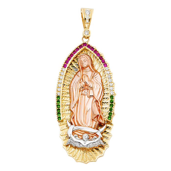 14K Tri-Color Gold Large CZ Our Lady Of Guadalupe Charm Pendant  (84mm x 40mm)