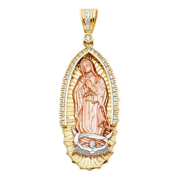 14K Tri-Color Gold Large CZ Our Lady Of Guadalupe Charm Pendant  (55mm x 27mm)