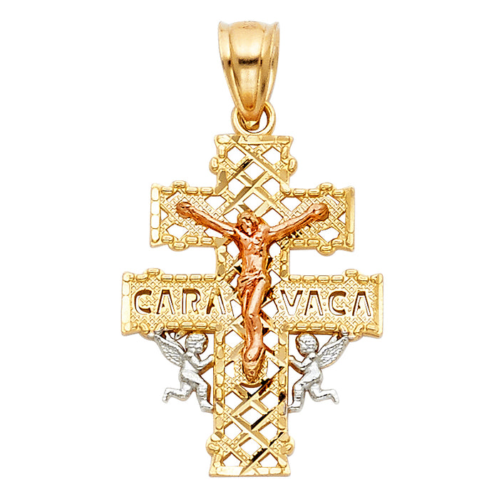 14K Tri-color Gold Religious Spanish Caravaca Del La Cruz Cross  Charm Pendant  (25mm x 16mm)