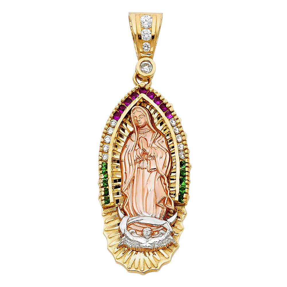 14K Tri-Color Gold Large CZ Our Lady Of Guadalupe Charm Pendant  (43mm x 21mm)