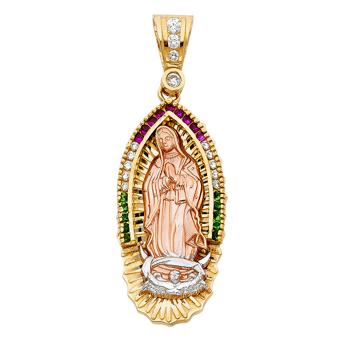 14K Tri-Color Gold Large CZ Our Lady Of Guadalupe Charm Pendant  (43mm x 21mm)