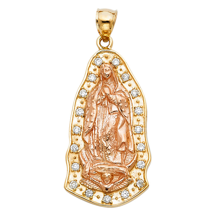 14K Two-tone Gold Large CZ Our Lady Of Guadalupe Charm Pendant  (37mm x 20mm)