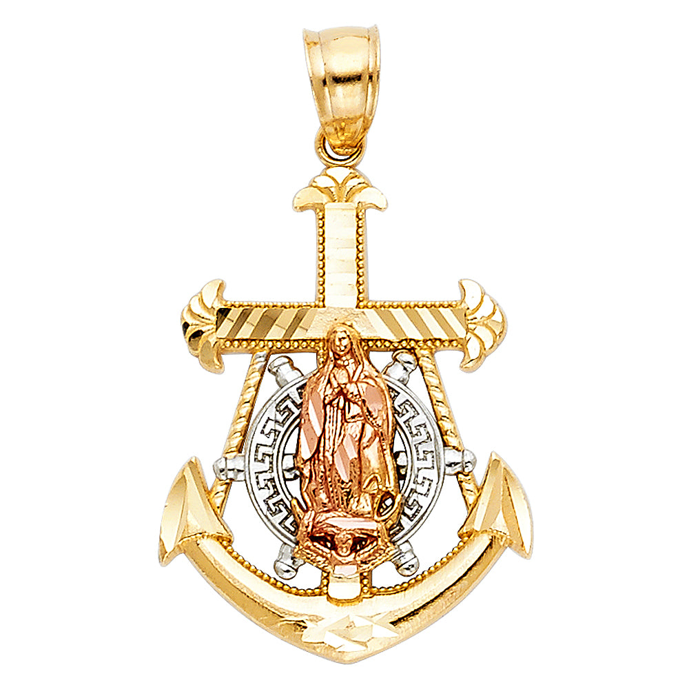 14K Tri-color Gold Religious Mariner Guadalupe Cross, Yellow Anchor, White Ships wheel, Rose Virgin Mary (28mm x 18mm)