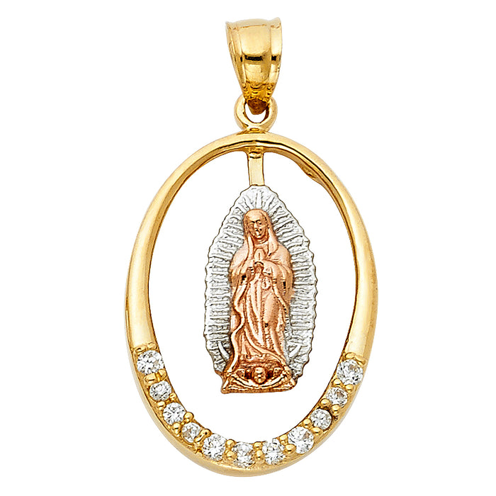 14K Tri-Color Gold with White CZ Accented Our Lady Of Guadalupe Charm Pendant  (25mm x 18mm)