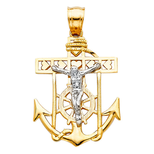 14K Two-tone Gold Religious Mariner Cross Pendant, Yellow Anchor & Ships Wheel, White Jesus Crucifix (26 X 18mm)