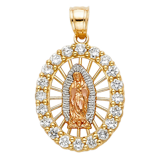 14K Tri-Color Gold with White CZ Accented Our Lady Of Guadalupe Charm Pendant  (22mm x 18mm)