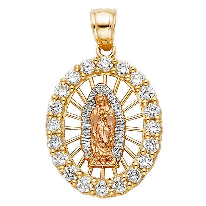 14K Tri-Color Gold with White CZ Accented Our Lady Of Guadalupe Charm Pendant  (22mm x 18mm)