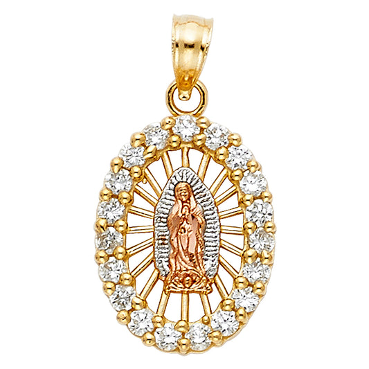14K Tri-Color Gold with White CZ Accented Our Lady Of Guadalupe Charm Pendant  (17mm x 13mm)