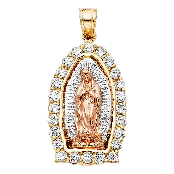 14K Tri-Color Gold with White CZ Accented Our Lady Of Guadalupe Charm Pendant  (26mm x 17mm)