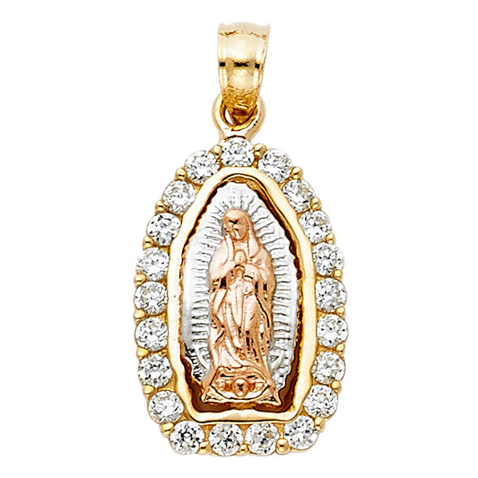 14K Tri-Color Gold with White CZ Accented Our Lady Of Guadalupe Charm Pendant  (18mm x 12mm)