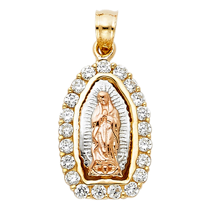 14K Tri-Color Gold with White CZ Accented Our Lady Of Guadalupe Charm Pendant  (18mm x 12mm)