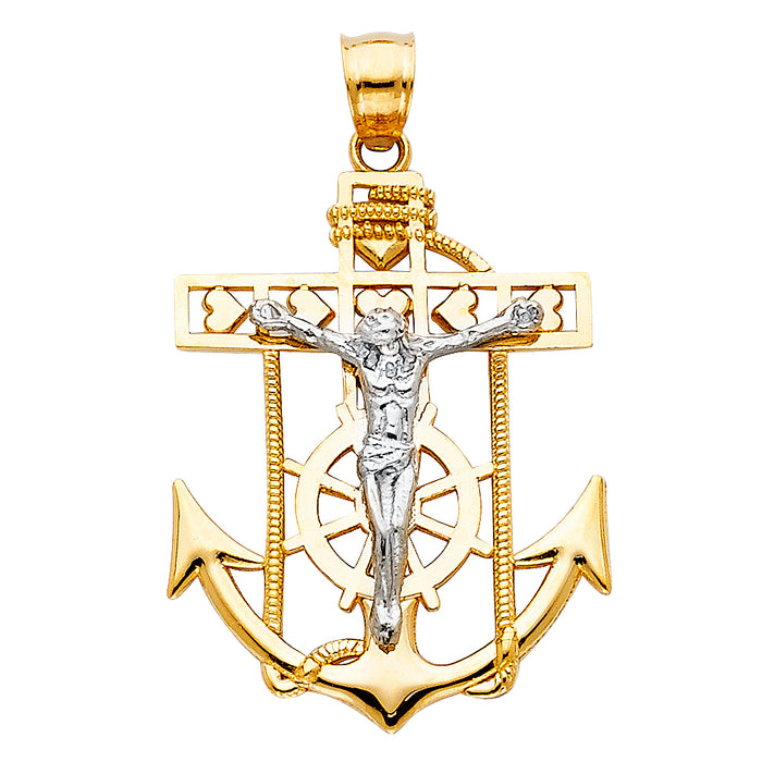 14K Two-tone Gold Religious Mariner Cross Pendant, Yellow Anchor & Ships Wheel, White Jesus Crucifix (30 X 22mm)