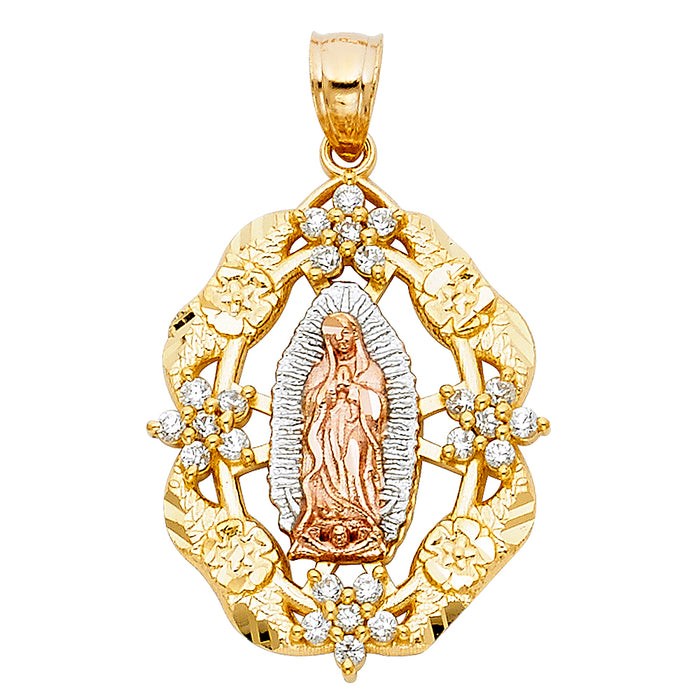 14K Tri-Color Gold with White CZ Accented Our Lady Of Guadalupe Charm Pendant  (26mm x 20mm)