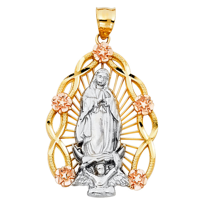 14K Tri-Color Gold Large Our Lady Of Guadalupe Charm Pendant  (37mm x 27mm)