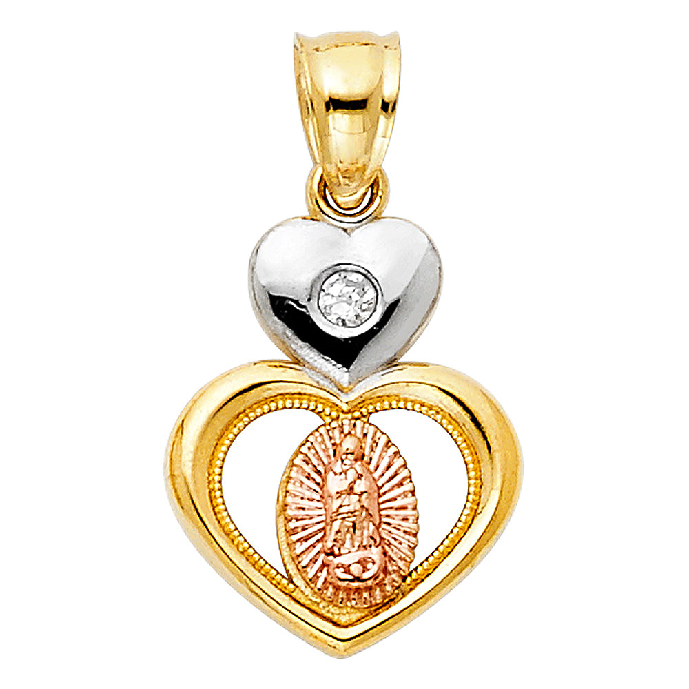 14K Tri-Color Gold with White CZ Accented Our Lady Of Guadalupe Charm Pendant  (16mm x 13mm)