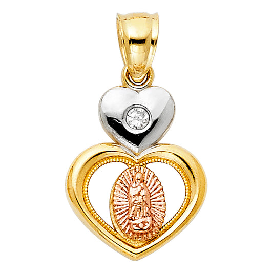 14K Tri-Color Gold with White CZ Accented Our Lady Of Guadalupe Charm Pendant  (16mm x 13mm)