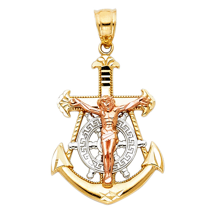14K Tri-color Gold Religious Mariner Cross Pendant, Yellow Anchor, White Ships Wheel, Rose Gold Jesus Crucifix (20 X 30mm)