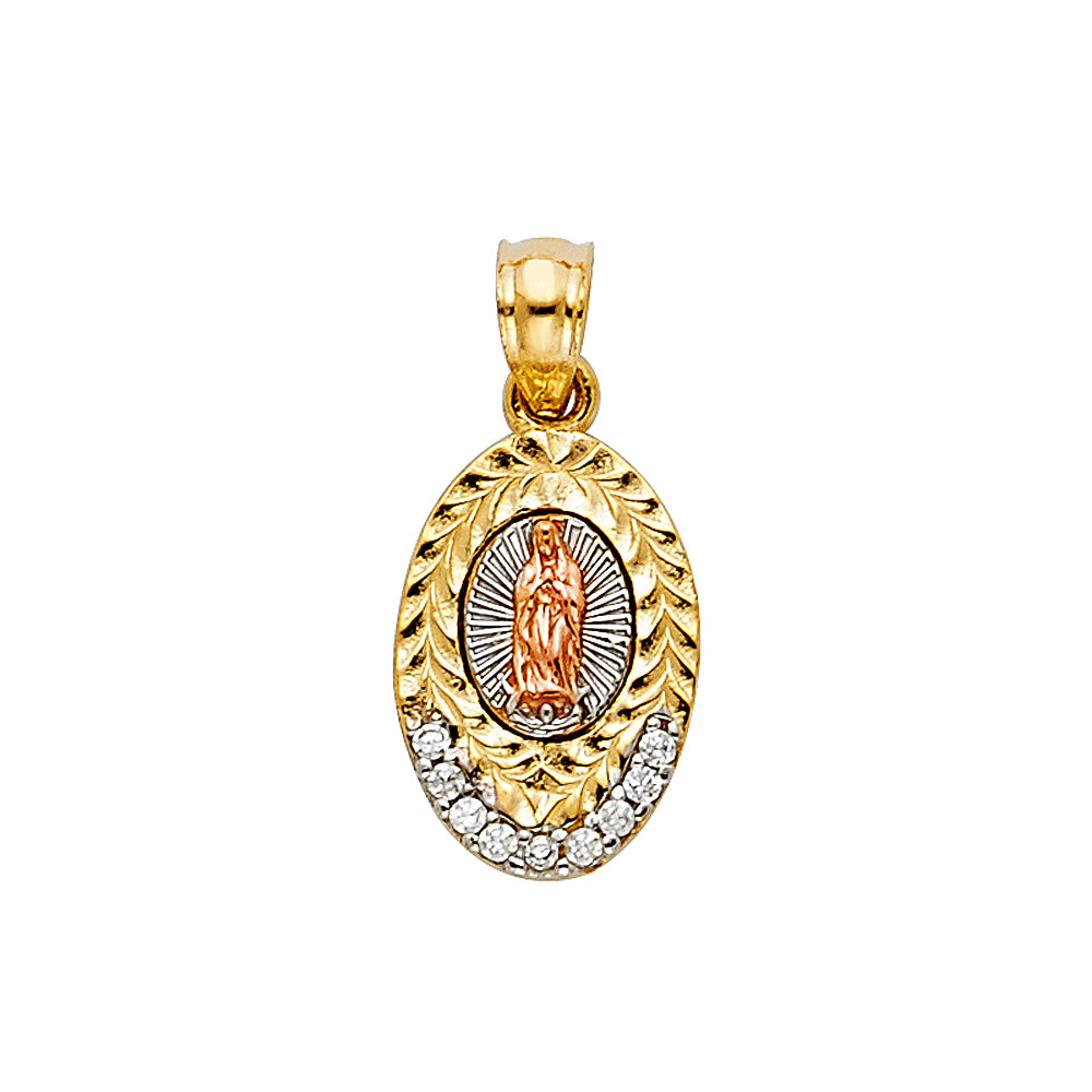 14K Tri-Color Gold with White CZ Accented Small/Mini Our Lady Of Guadalupe Charm Pendant  (20mm x 10mm)