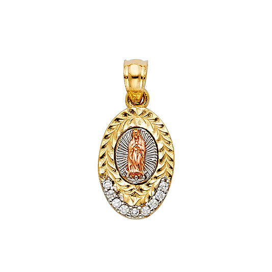 14K Tri-Color Gold with White CZ Accented Small/Mini Our Lady Of Guadalupe Charm Pendant  (20mm x 10mm)