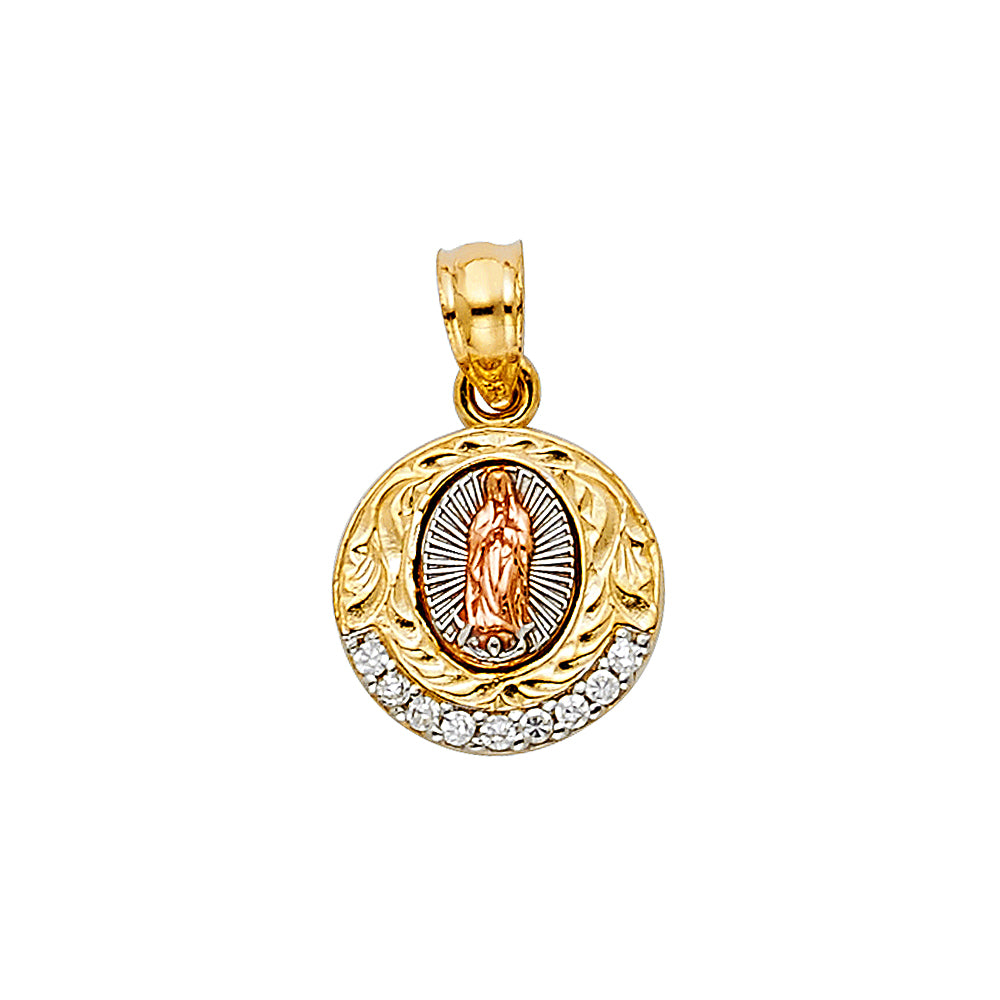 14K Tri-Color Gold with White CZ Accented Small/Mini Our Lady Of Guadalupe Charm Pendant  (16mm x 12mm)
