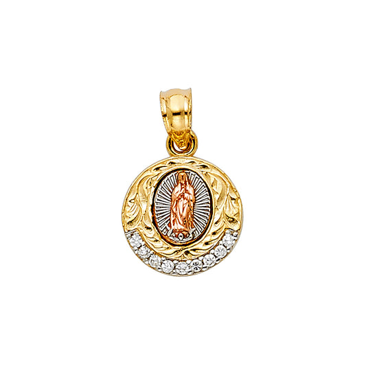 14K Tri-Color Gold with White CZ Accented Small/Mini Our Lady Of Guadalupe Charm Pendant  (16mm x 12mm)