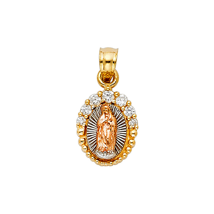 14K Tri-Color Gold with White CZ Accented Our Lady Of Guadalupe Charm Pendant  (18mm x 10mm)