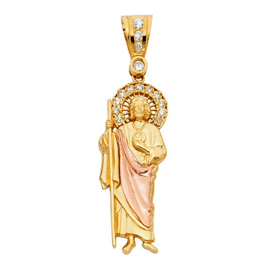 14K Two-tone Gold Large CZ Saint Jude Thaddeus Charm Pendant  (60mm x 20mm)