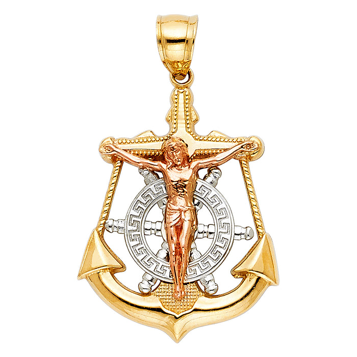 14K Tri-color Gold Religious Mariner Cross Pendant, Yellow Anchor, White Ships Wheel, Rose Gold Jesus Crucifix (25 X 35mm)