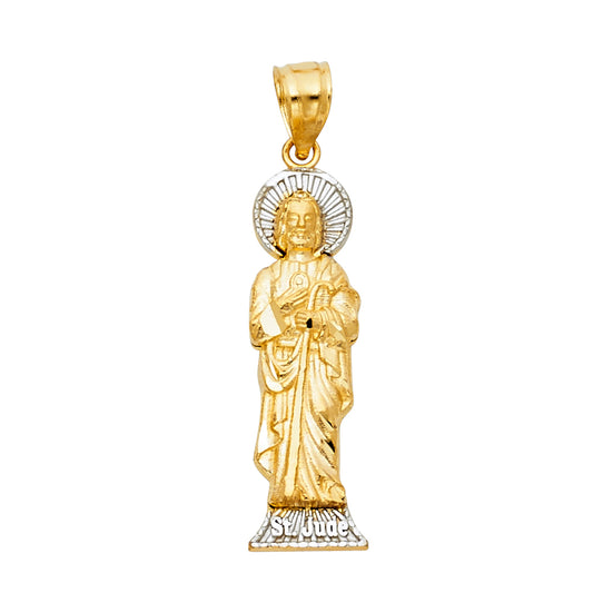 14K Two-tone Gold with White CZ Accented Saint Jude Thaddeus Charm Pendant  (35mm x 8mm)