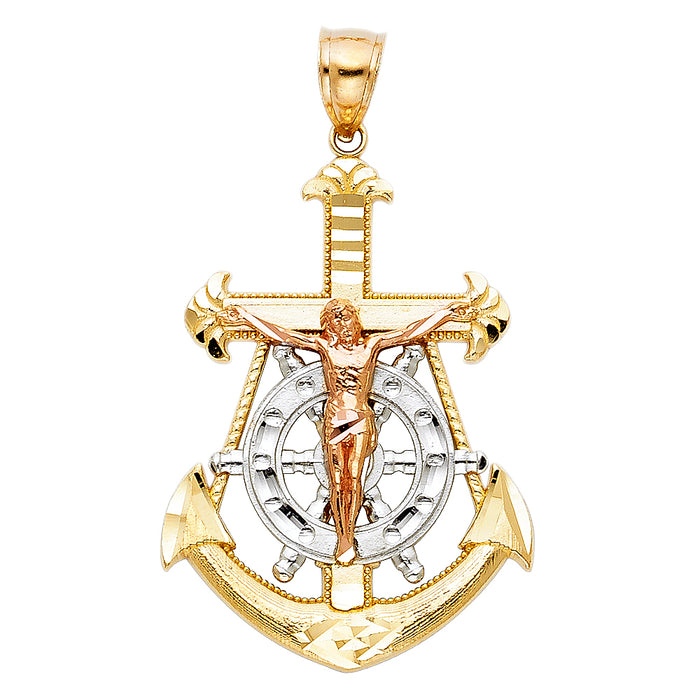 14K Tri-color Gold Religious Mariner Cross Pendant, Yellow Anchor, White Ships Wheel, Rose Gold Jesus Crucifix (25 X 45mm)