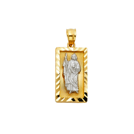 14K Two-tone Gold with White CZ Accented Saint Jude Thaddeus Charm Pendant  (22mm x 10mm)
