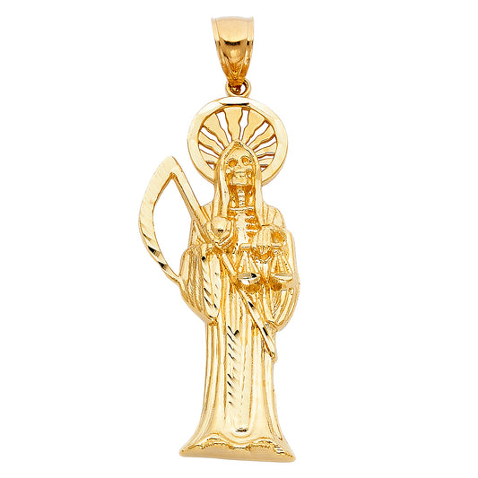 14k Yellow Gold Large Santa Muerte Charm Pendant  (57mm x 25mm)