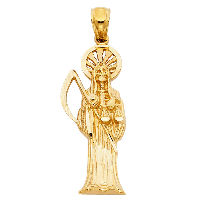 14k Yellow Gold Santa Muerte Charm Pendant  (30mm x 13mm)