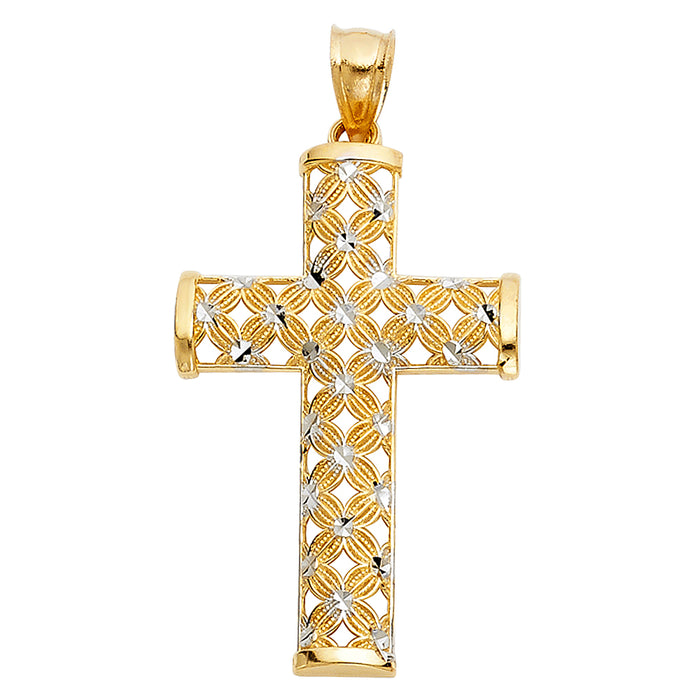 14K Two-tone Gold Religious Dotted Cross Charm Pendant (25 X 50mm)