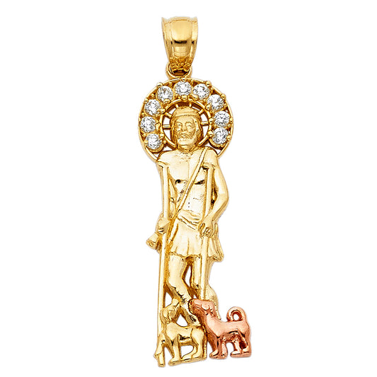 14K Two-tone Gold with White CZ Accented San Lazaro Charm Pendant  (31mm x 10mm)
