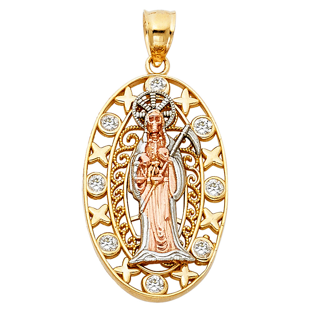 14K Tri-Color Gold Santa Muerte Charm Pendant  (27mm x 18mm)