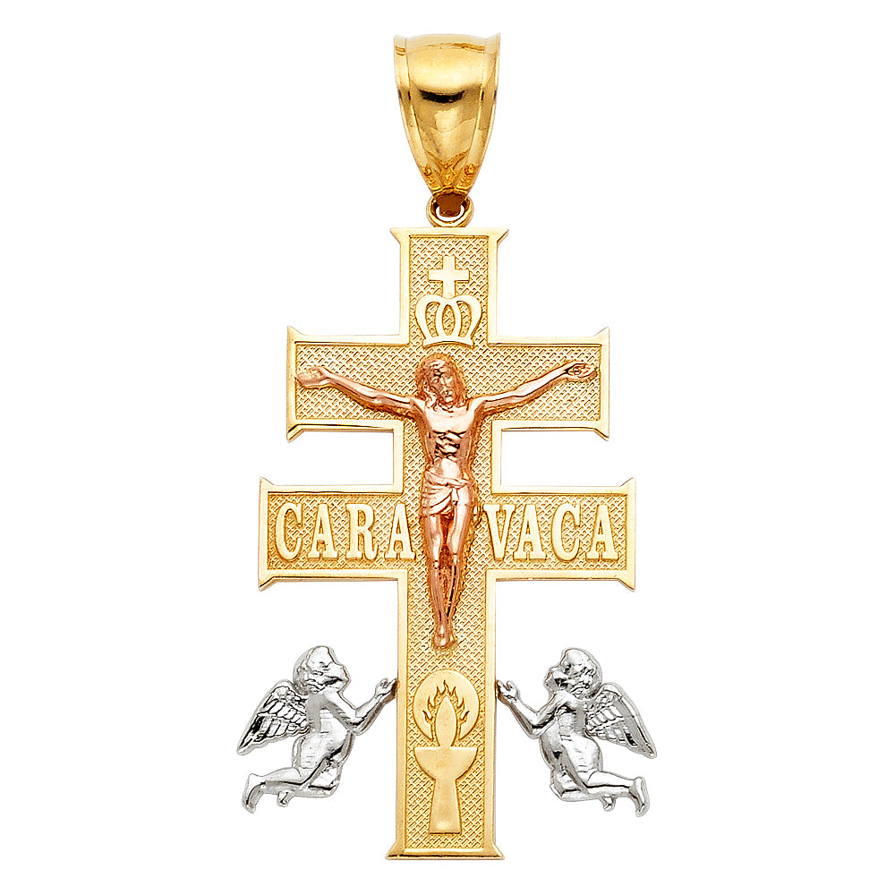 14K Tri-color Gold Religious Cross Of Caravaca Charm Pendant  (40mm x 25mm)