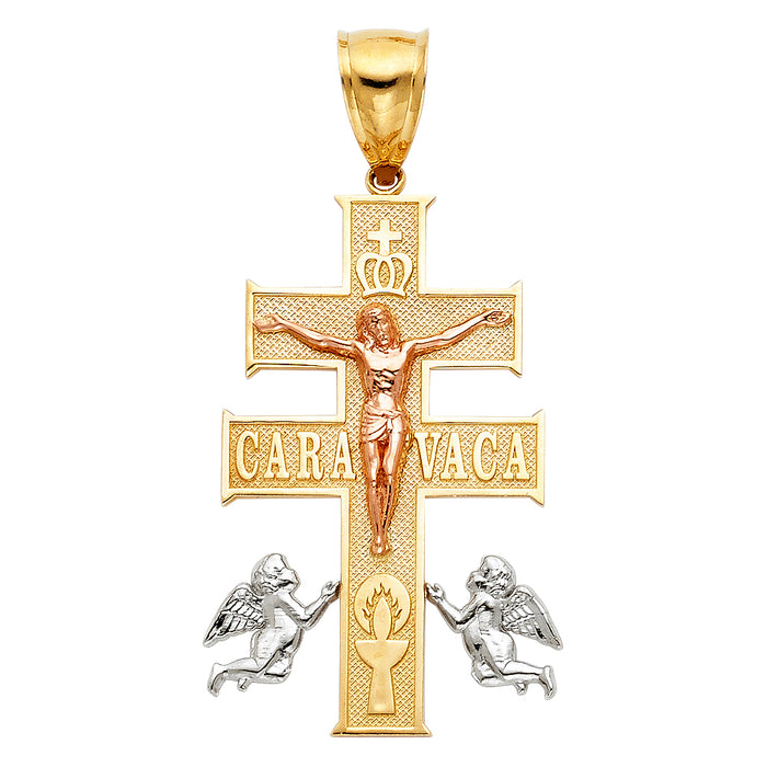 14K Tri-color Gold Religious Cross Of Caravaca Charm Pendant  (40mm x 25mm)