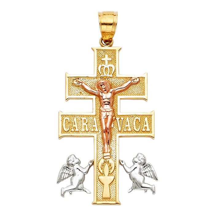 14K Tri-color Gold Religious Cross Of Caravaca Charm Pendant  (31mm x 19mm)