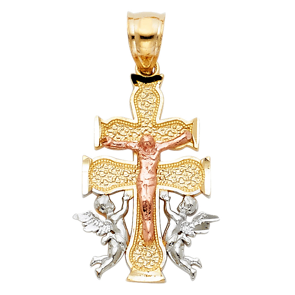 14K Tri-color Gold Religious Cross Of Caravaca Charm Pendant  (25mm x 16mm)
