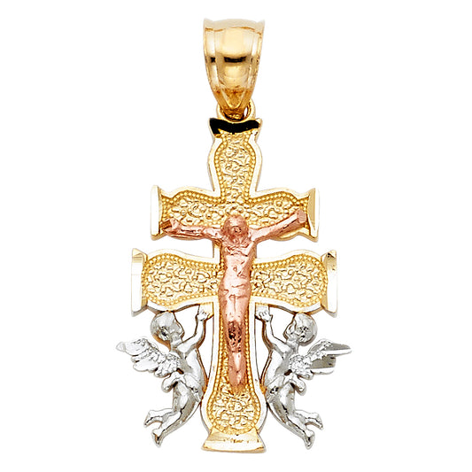 14K Tri-color Gold Religious Cross Of Caravaca Charm Pendant  (25mm x 16mm)