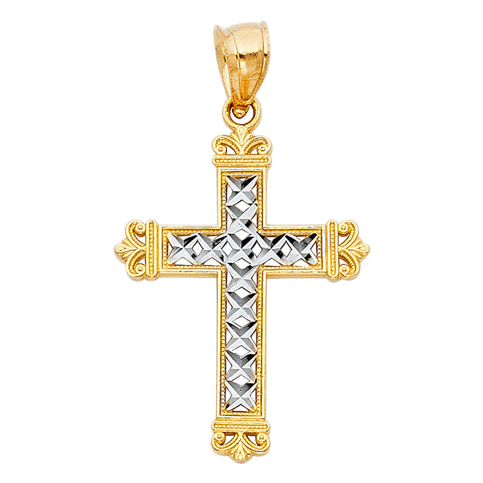 14K Two-tone Gold Religious Design Cross Charm Pendant (20 X 35mm)