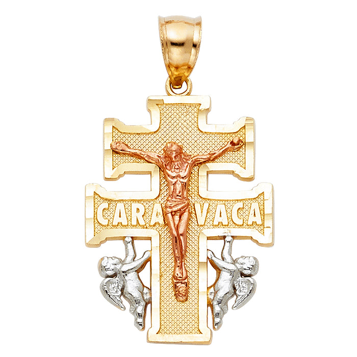 14K Tri-color Gold Religious Cross Of Caravaca Charm Pendant  (28mm x 21mm)