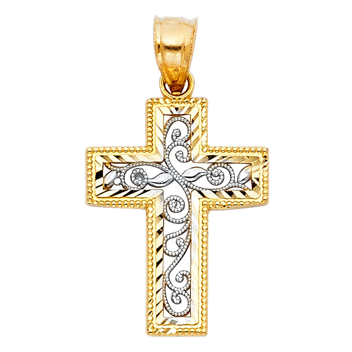 14K Two-tone Gold Religious Fancy Design Cross Charm Pendant  (23mm x 18mm)